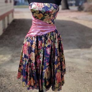 80s Vintage Mike Benet Formals - Strapless, multi-colored flower, prom d…